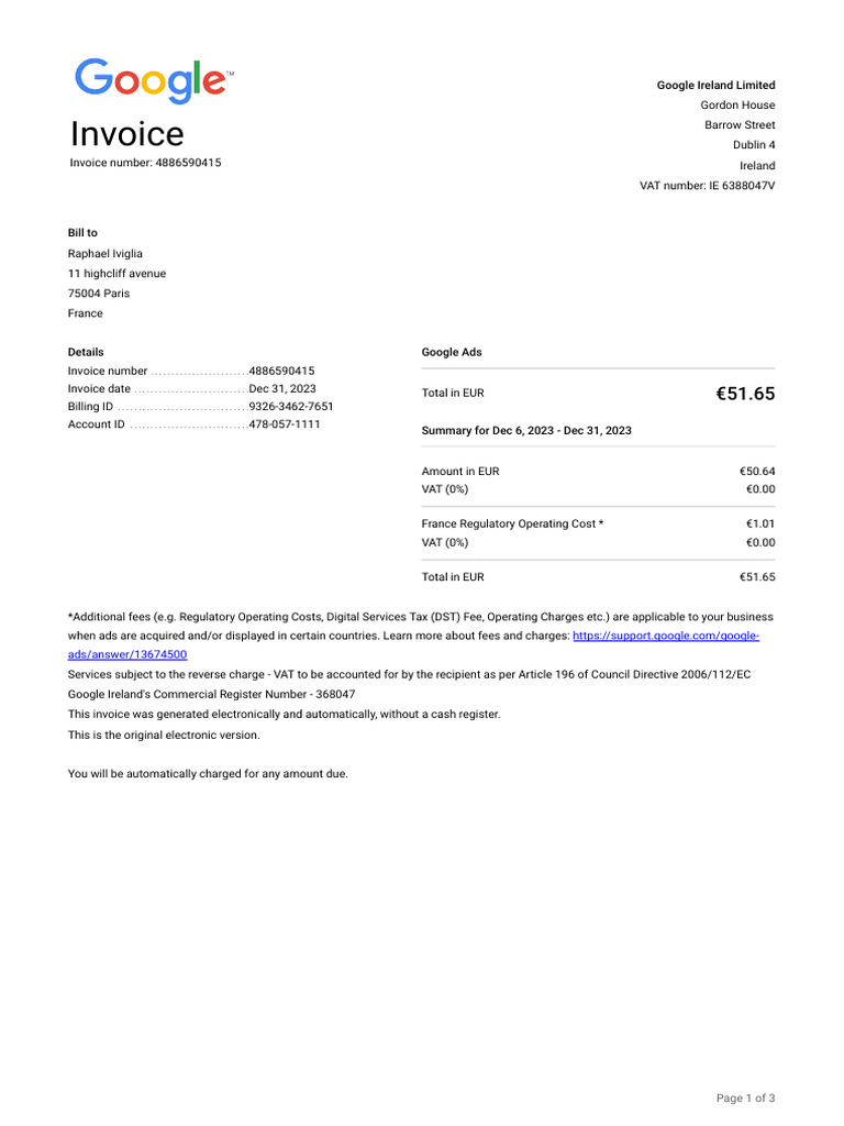 Google Ireland Limited Invoice 4886590415 | PDF | Invoice | Value Added Tax