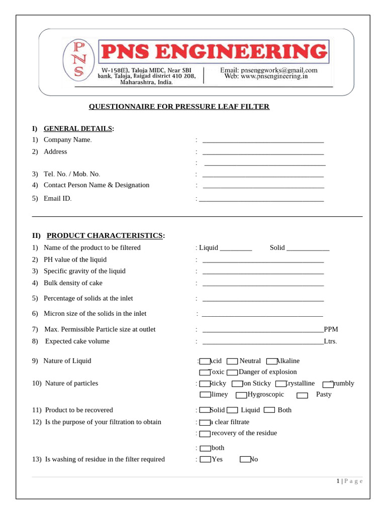 Questionnaire For Pressure Leaf Filter Sugar Factory | PDF | Filtration ...