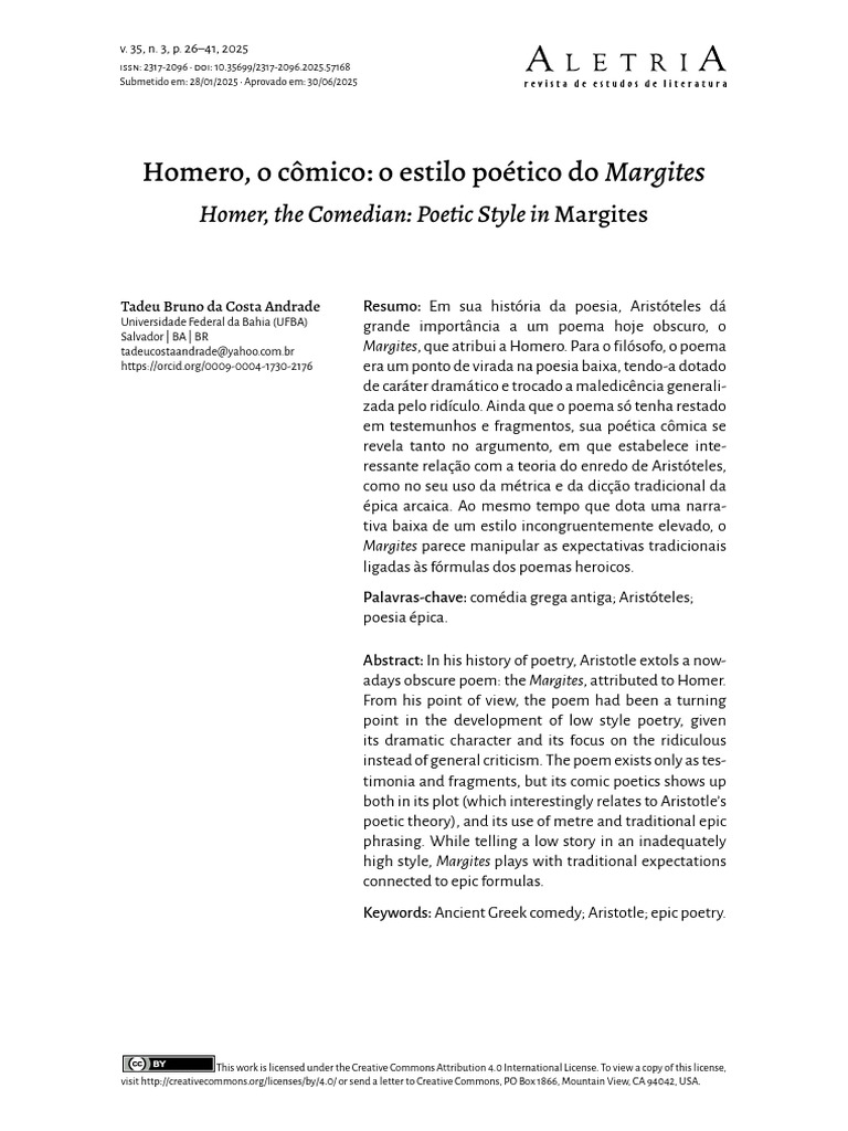 O Estilo Cômico do Margites de Homero | PDF | Aristóteles | Comédia