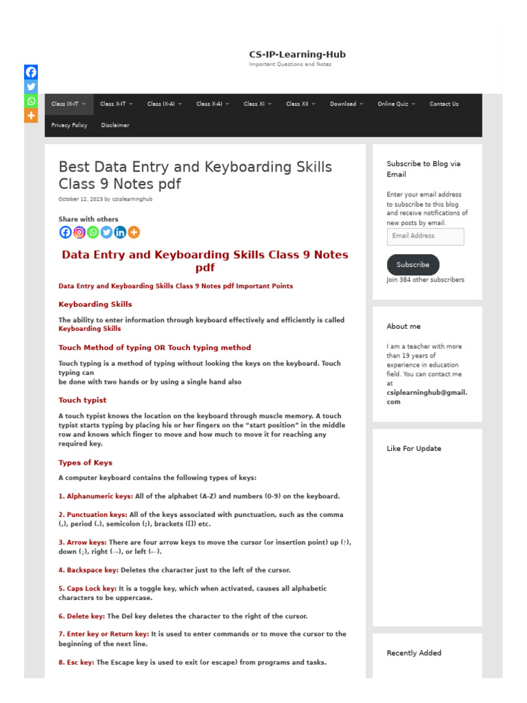 Class 9 Data Entry & Keyboarding Skills | PDF | Computer Keyboard | Text