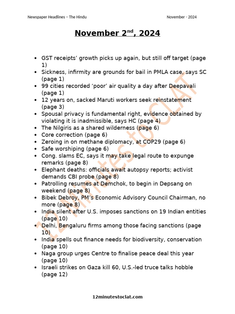 November 2024 Newspaper Headlines Summary | PDF