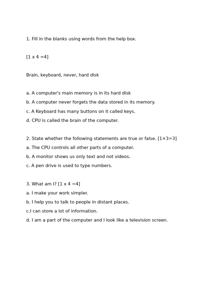Computer Basics: Fill-in-the-Blanks Quiz | PDF