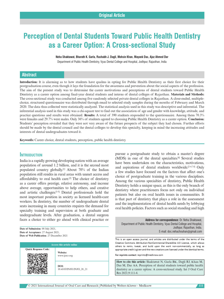 Dental Students' Views on Public Health Dentistry | PDF | Dentistry ...