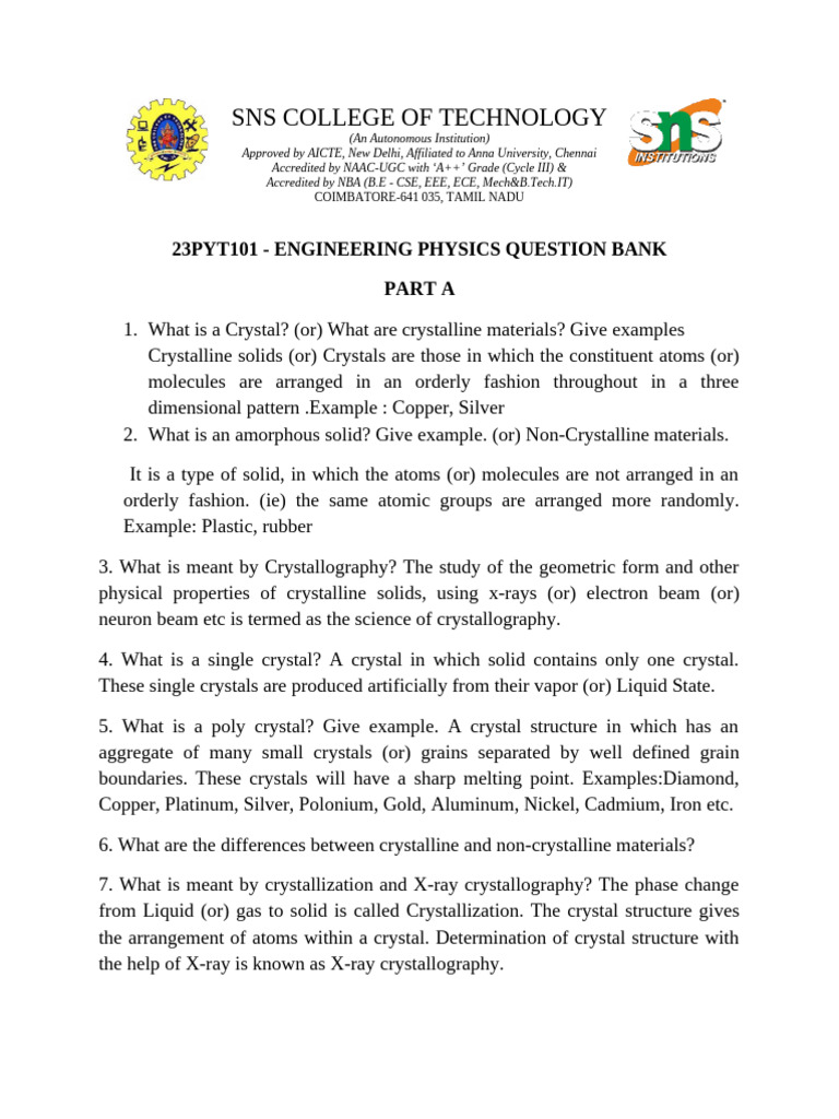 Engineering Physics Question Bank | PDF | Crystal Structure | Crystal