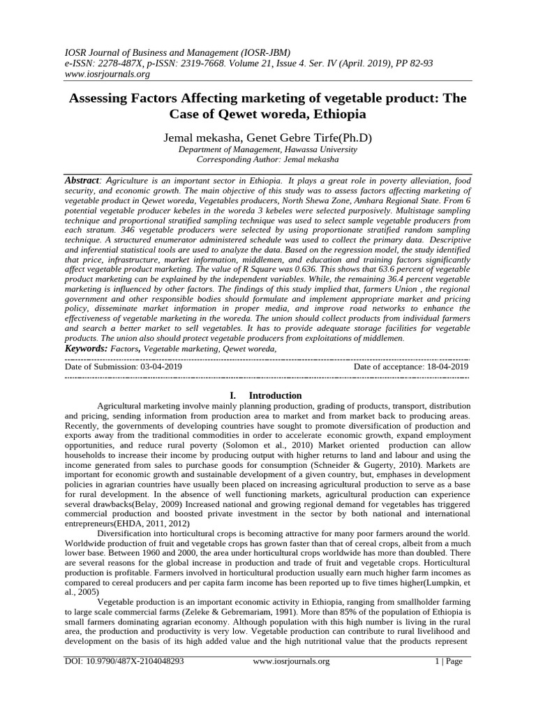 Factors Influencing Vegetable Marketing in Qewet | PDF | Sampling ...