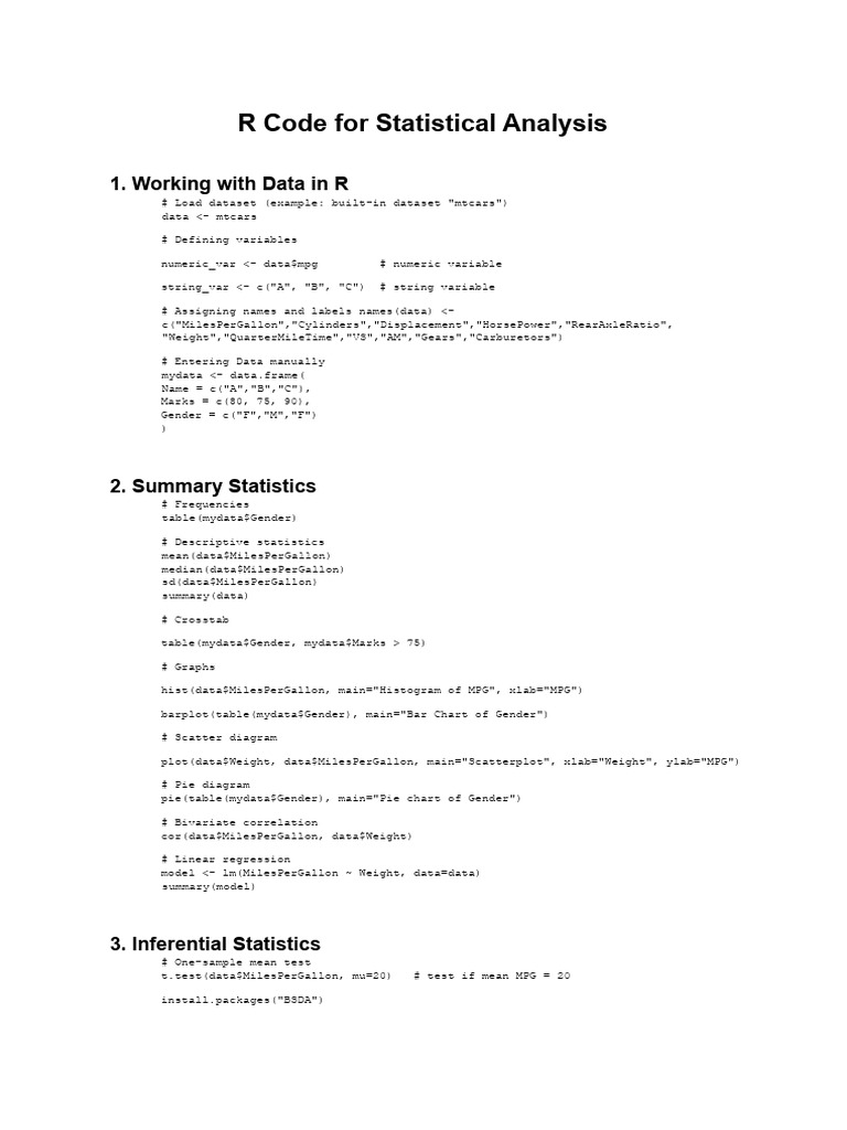 R Code for Statistical Analysis Guide | PDF