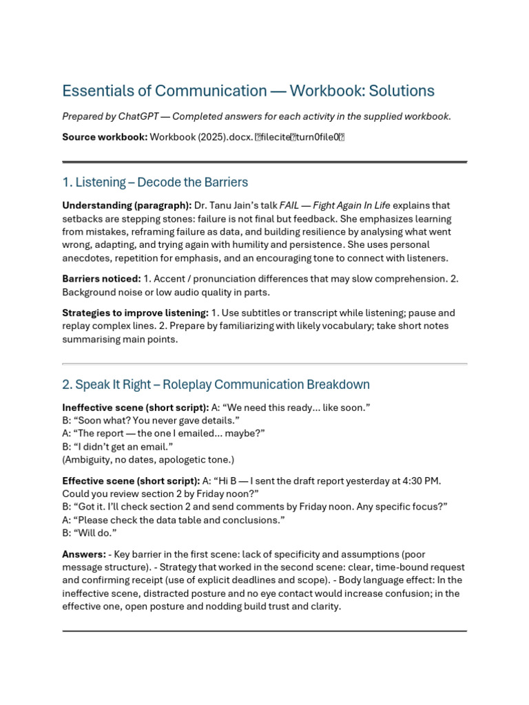 Communication Skills Workbook Solutions | PDF | Communication | Body ...