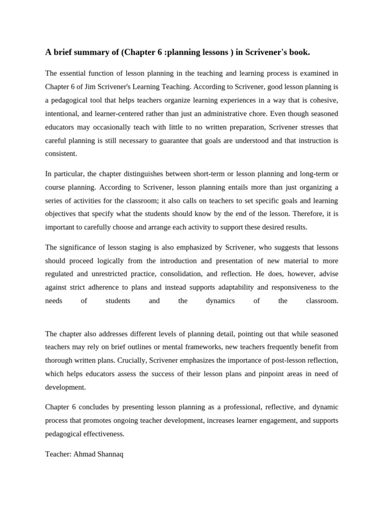 A Brief Summary of (Chapter 6 Planning Lessons) in Scrivener's Book. | PDF
