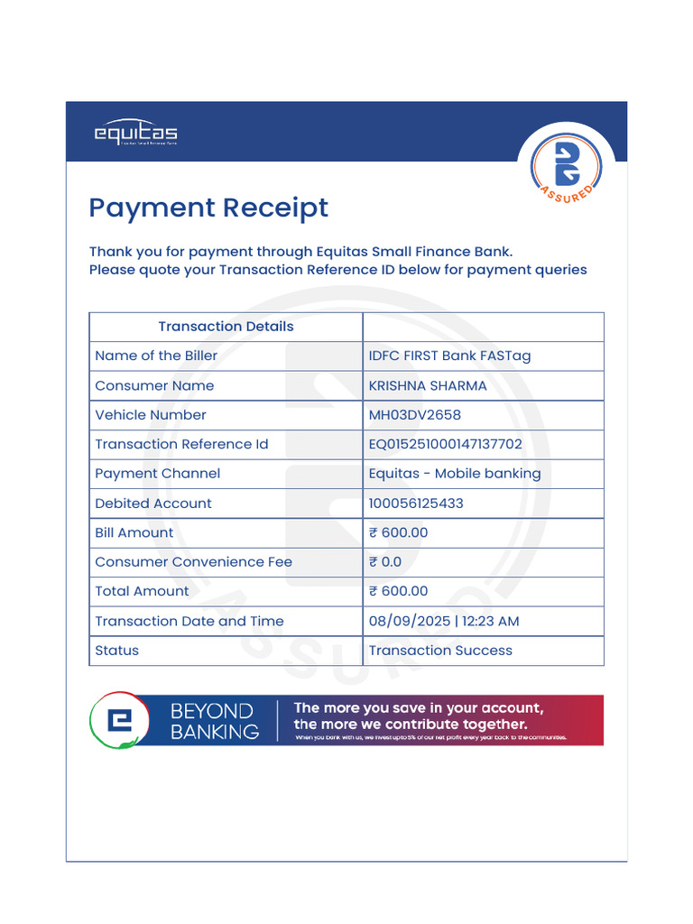 IDFC FASTag Payment Receipt | PDF