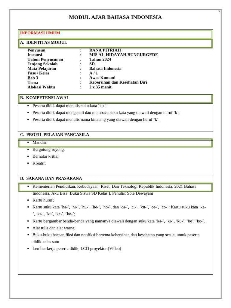 Modul Ajar Bahasa Indonesia SD Kelas 1 | PDF