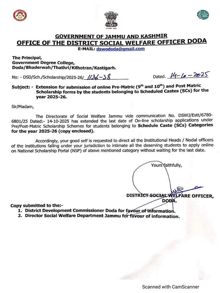 Extension For Submission of Online Pre and Post Matric Scholarship ...