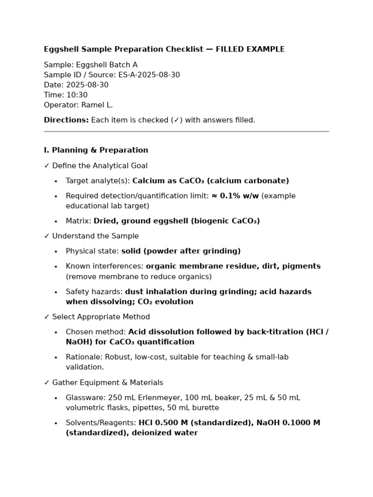 Eggshell Sample Prep Checklist Guide | PDF | Titration | Chemistry