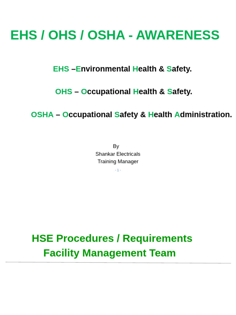 EHS OHS OSHA Safety Awareness Guide | PDF | Occupational Safety And ...