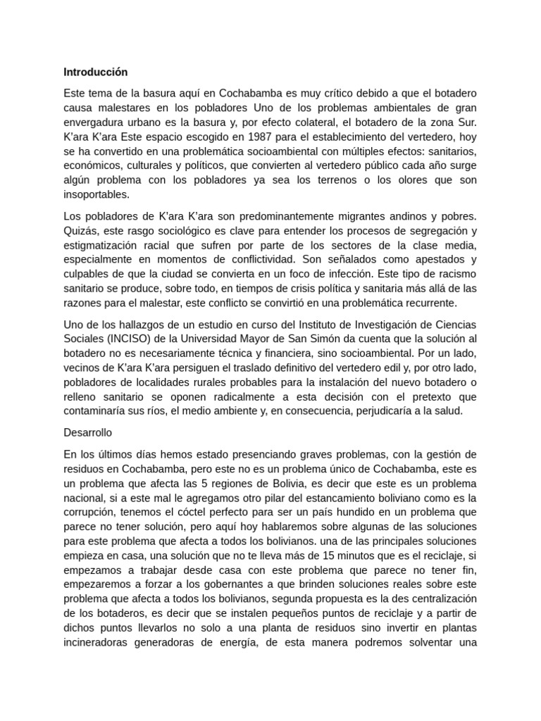 Problemas de Basura en Cochabamba | PDF | Vertedero | Residuos