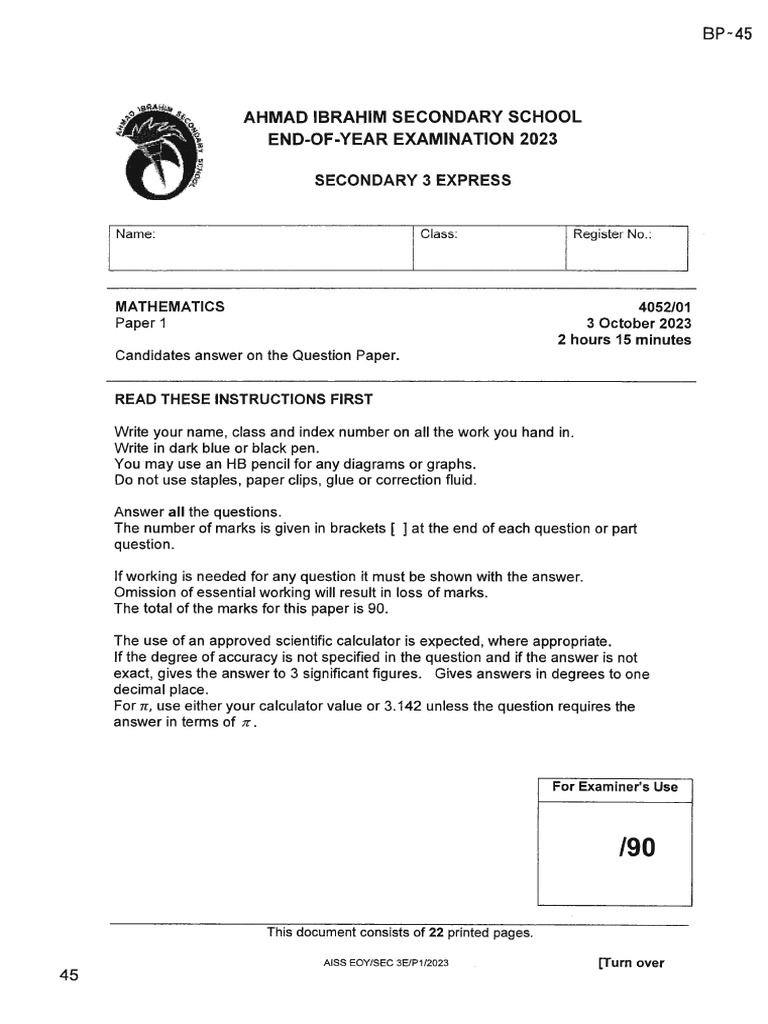 E-Math - Sec 3 - SA 2 - 2023 - Ahmad Ibrahim | PDF | Area | Mathematics