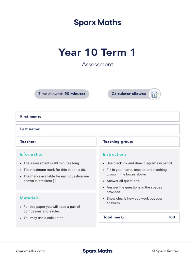 Year 10 Term 1 Math Assessment Guide | PDF | Area | Sphere