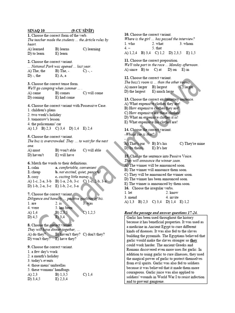 9th Grade English Exam Practice | PDF | Garlic | Umbrella