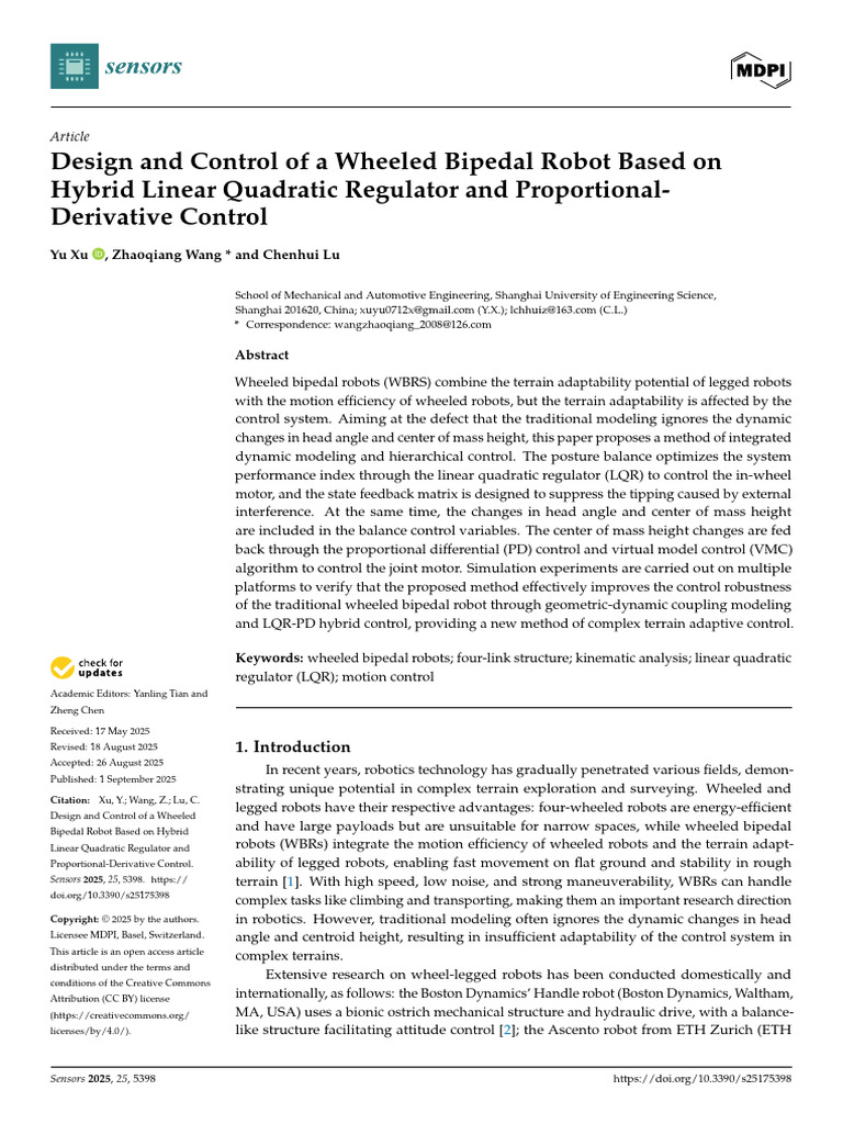 Design and Control of A Wheeled Bipedal Robot Base | PDF | Matrix ...