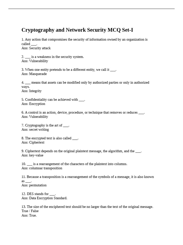 Cryptography and Network Security MCQs | PDF | Computer Network | Key ...