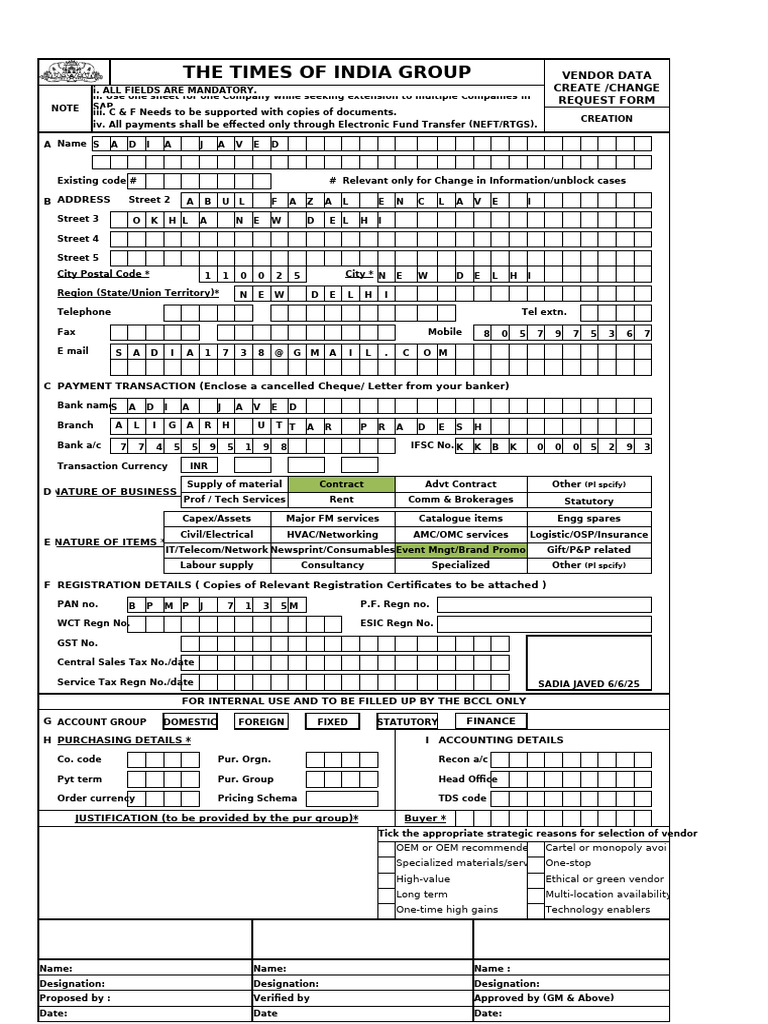 Vendor Data Creation Request Form | PDF | Payments