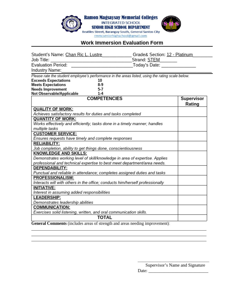 Work Immersion Evaluation Form Template | PDF