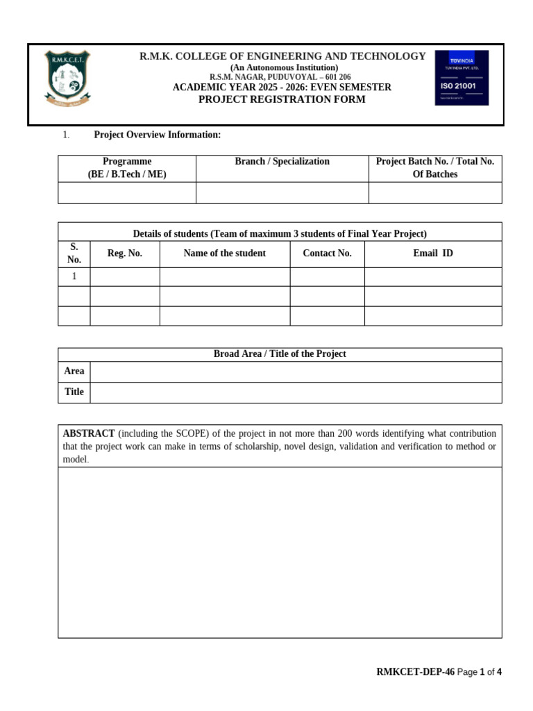 Iso-Project Registration Form 25-26 | PDF