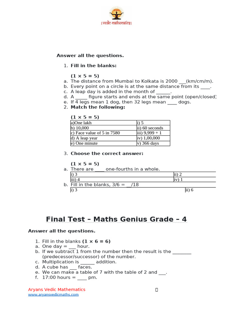 Class 4 Maths Genius - Final Paper | PDF | Mathematics