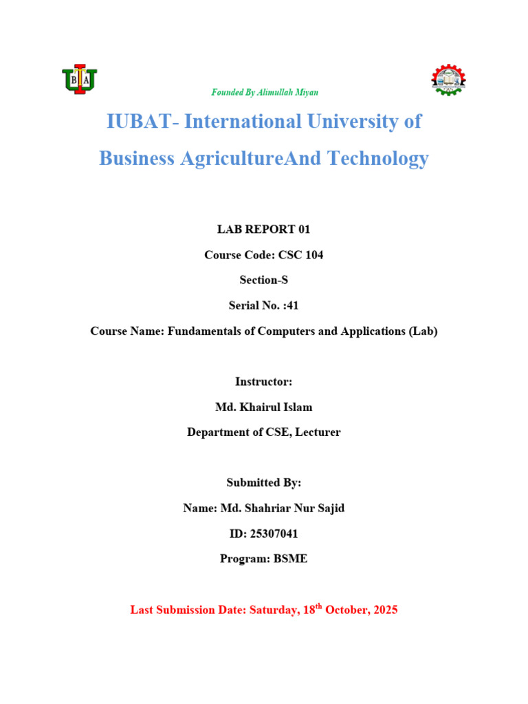 (LAB 01) 41 - Md. Shahriar Nur Sajid - 25307041 | PDF | Central ...