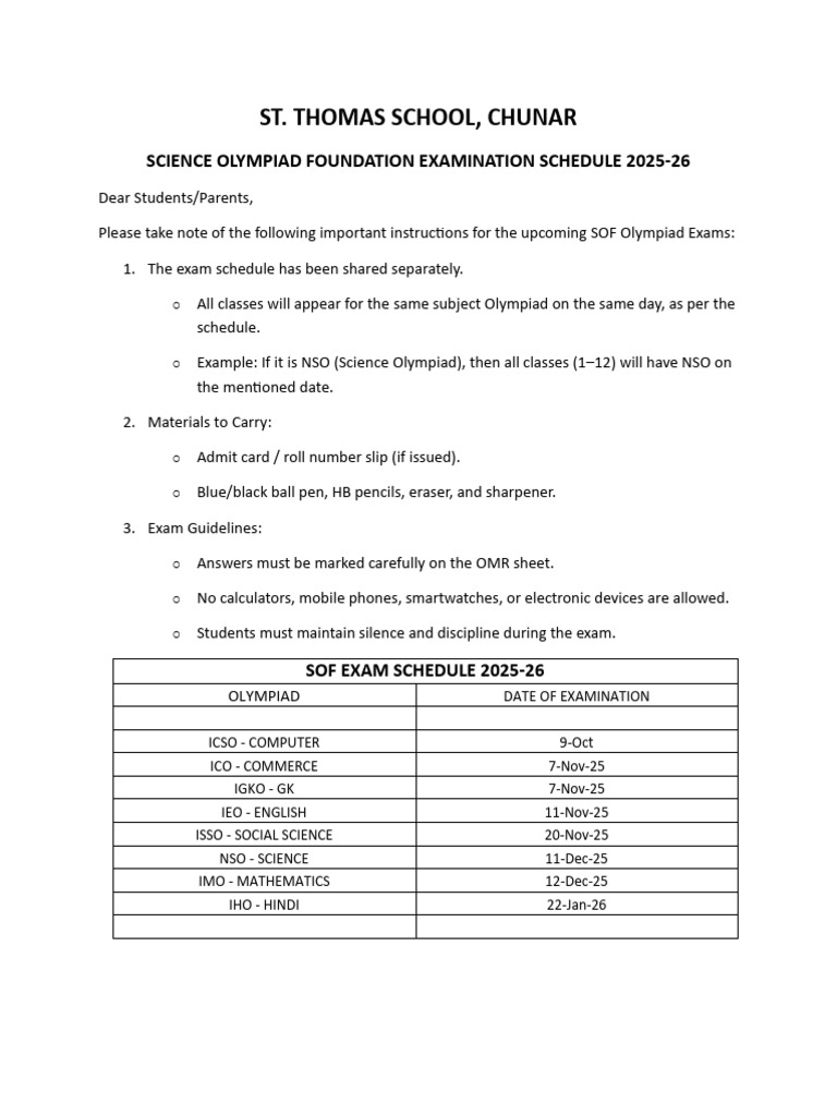 SOF Olympiad Exam Schedule 2025-26 | PDF