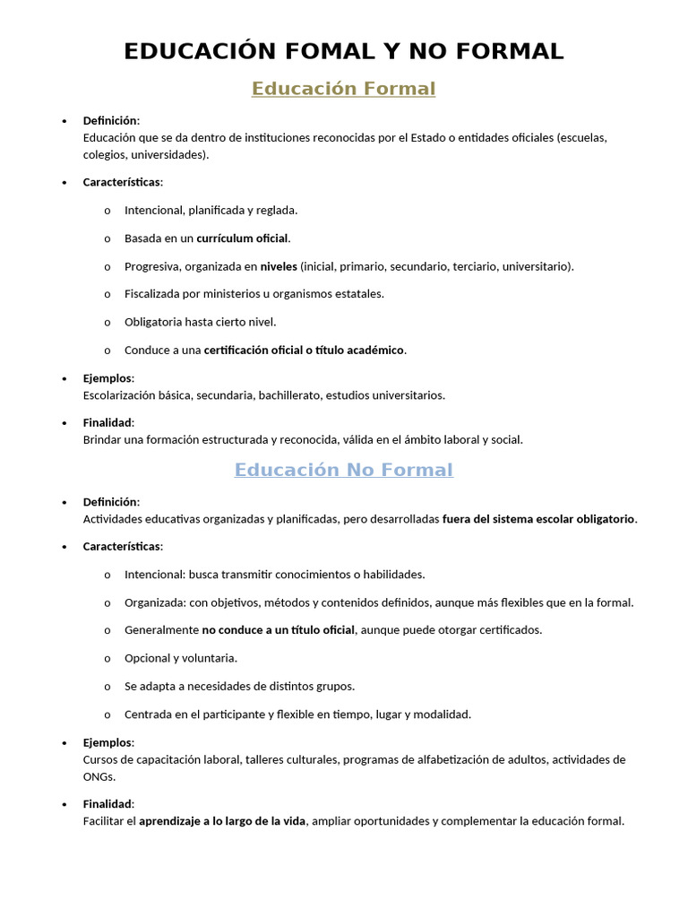 Educación Formal y No Formal: Definiciones | PDF | Aprendizaje | Plan ...