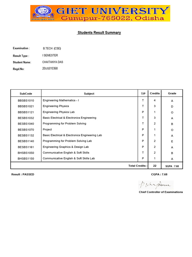 B.Tech (CSE) Student Result Summary | PDF | Engineering | Computing