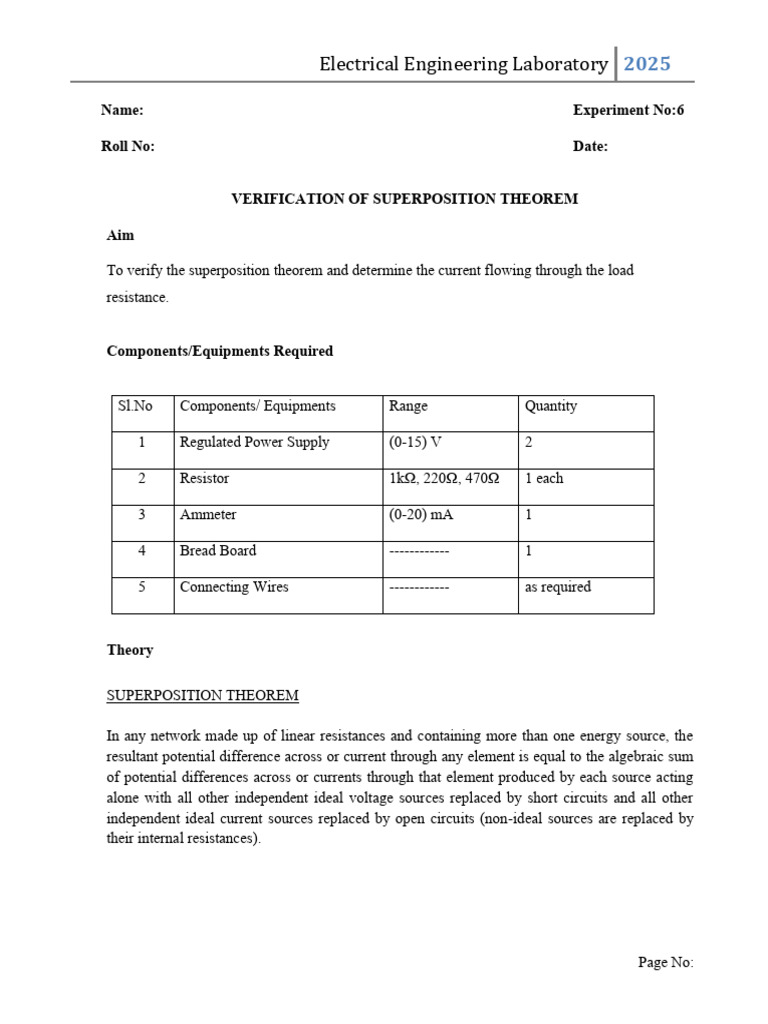 Superposition Theorem Experiment Guide | PDF | Voltage | Electrical Network