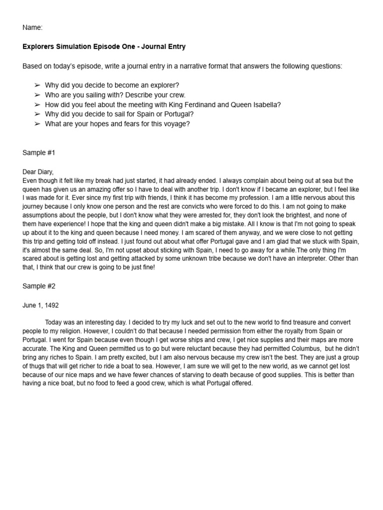 Explorer Journal Entry Examples | PDF