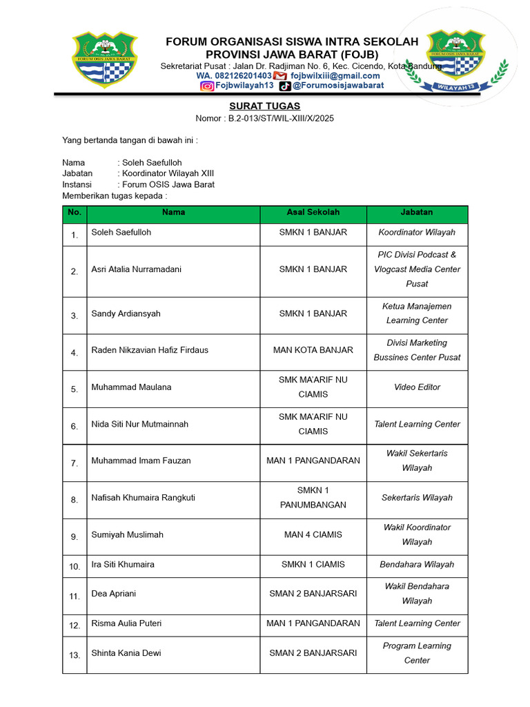 Surat Tugas ODT FOJB Wilayah XIII | PDF