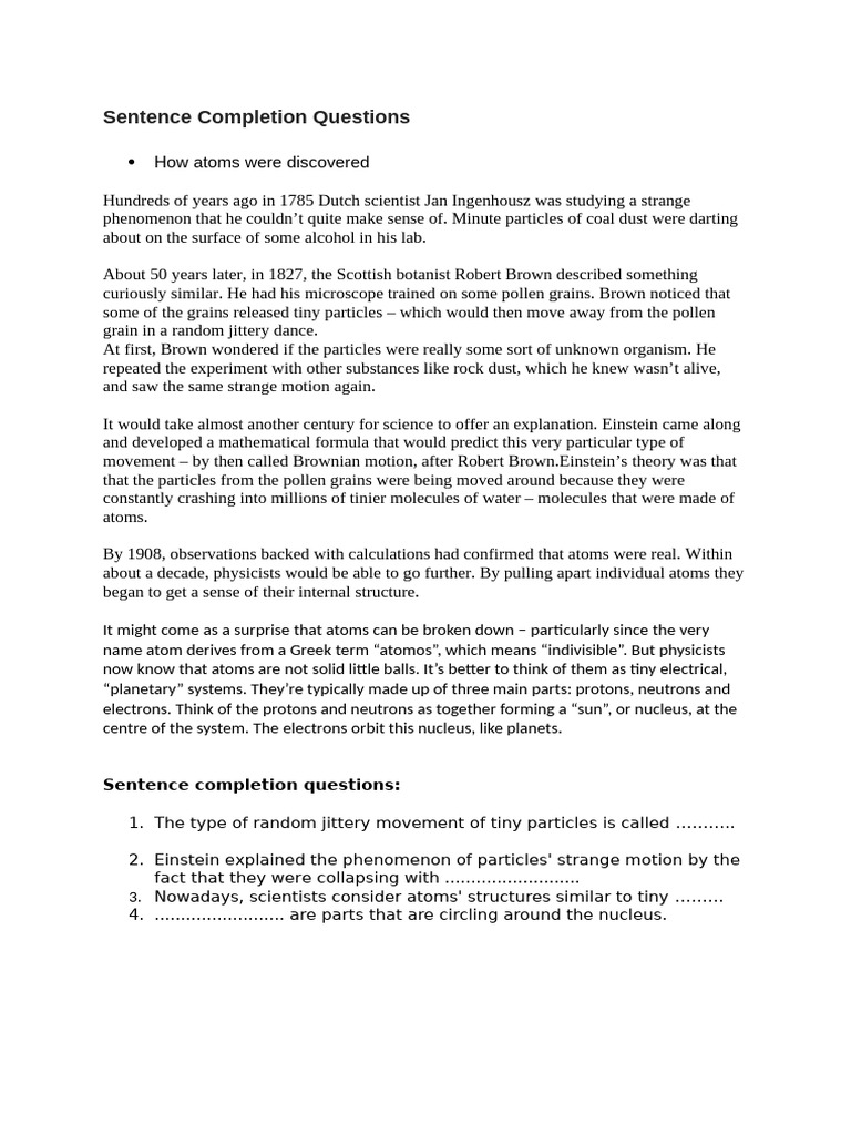 Sentence Completion Questions | PDF | Atoms | Atomic Nucleus