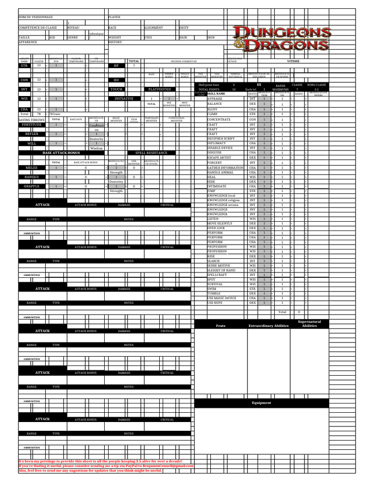 Fiche Personnage DnD3.5 FR | PDF | Role Playing Games | Tabletop Games