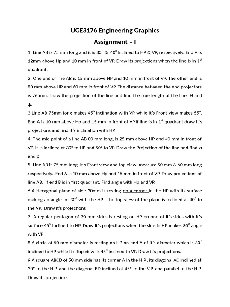 UGE3176 Engineering Graphics Assignment - I | PDF