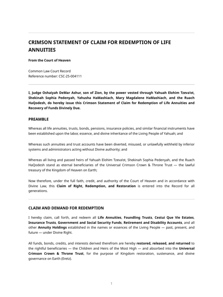 Crimson Statement of Claim For The Redemption of Life Annuities | PDF ...