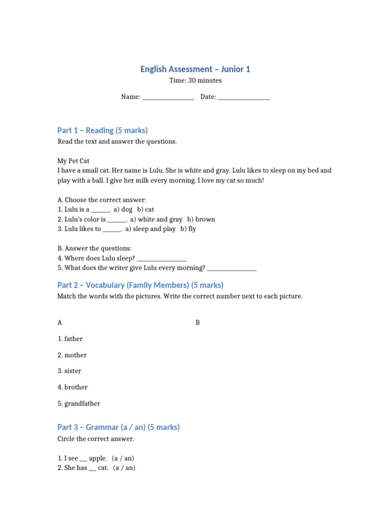 Junior 1 English Assessment Test | PDF
