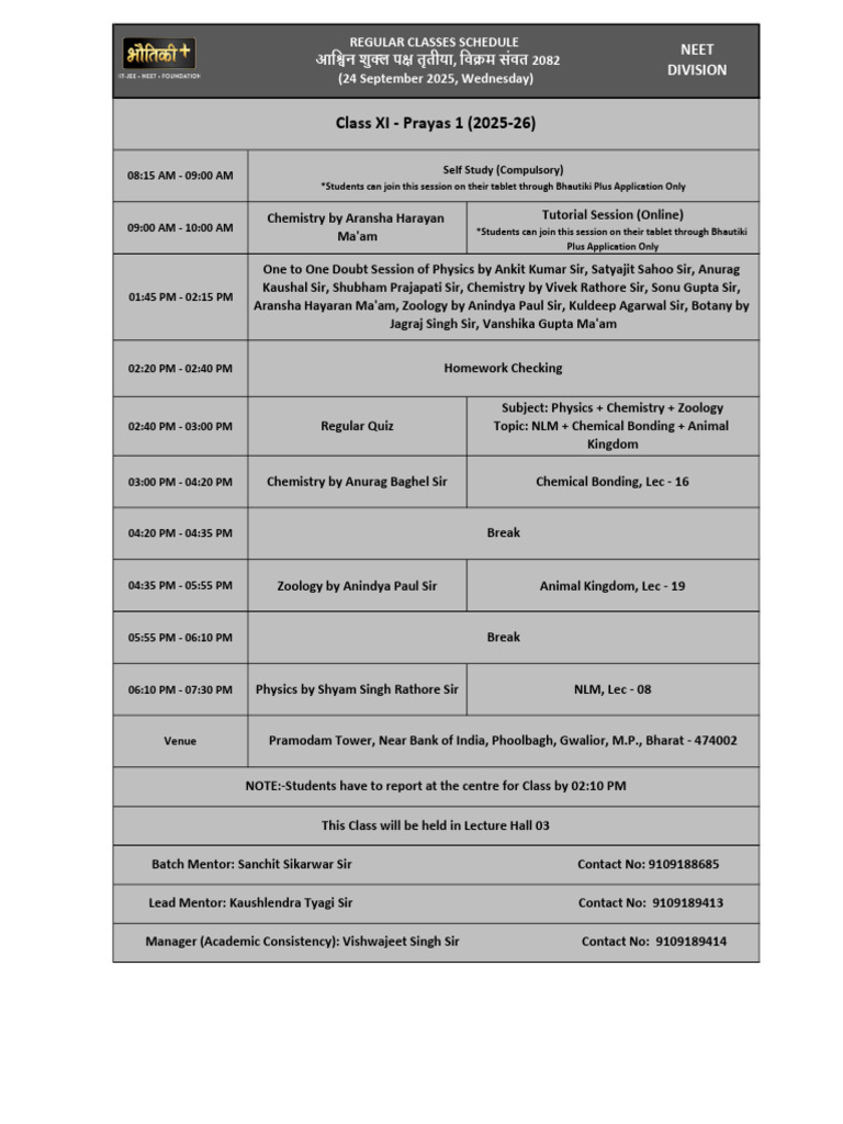 Class XI Regular Schedule & Sessions | PDF | Physical Sciences