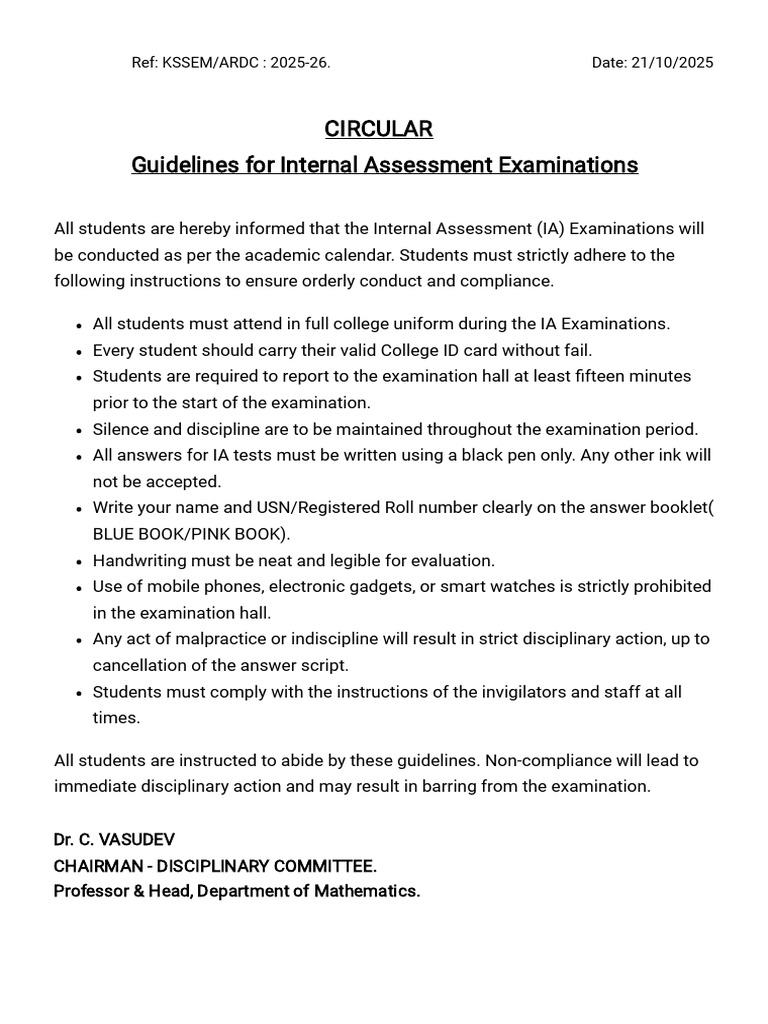 Internal Assessment Exam Guidelines 2025 | PDF