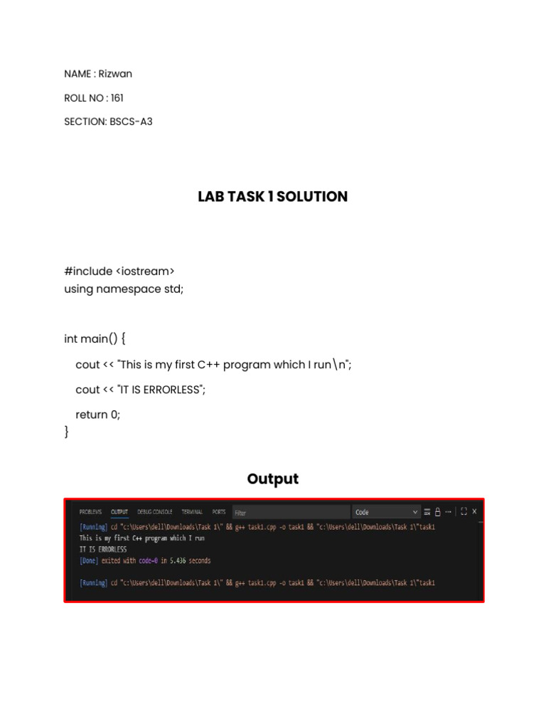 C++ Lab Task 1 Solution Code | PDF