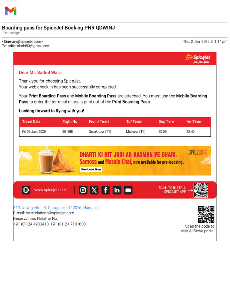 SpiceJet Flight Itinerary Confirmation | PDF