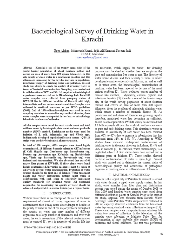 Bacterial Contamination in Karachi Water | PDF | Drinking Water | Water