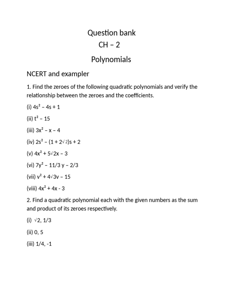 Quadratic and Cubic Polynomial Exercises | PDF