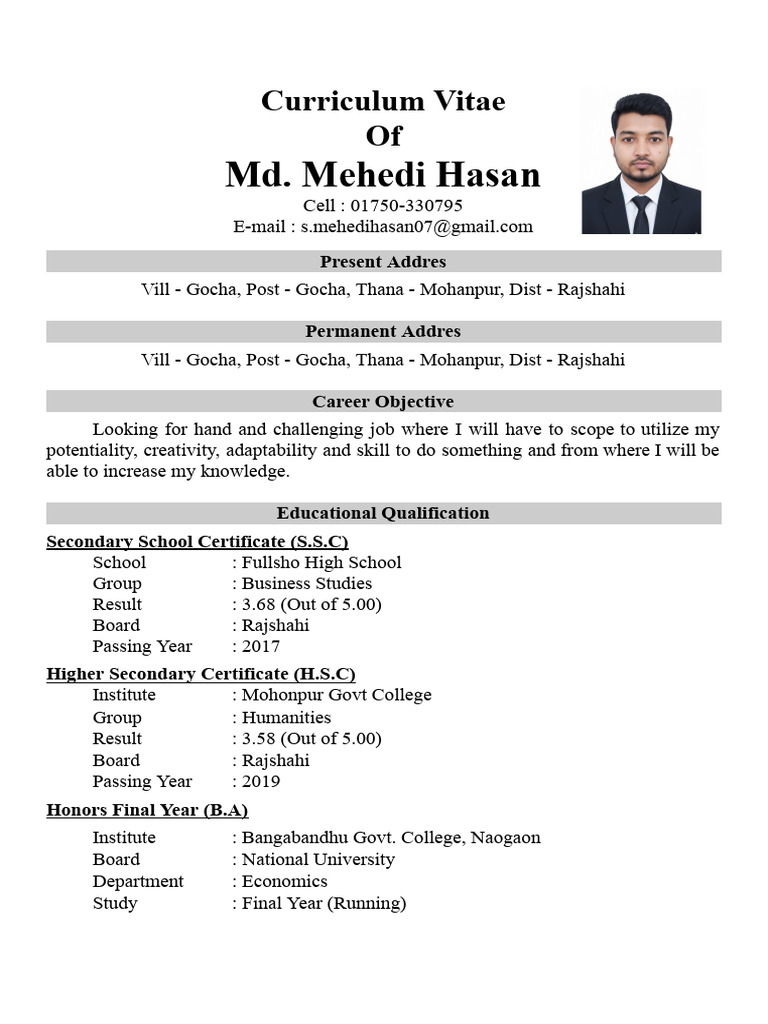 Md. Mehedi Hasan CV and Career Overview | PDF