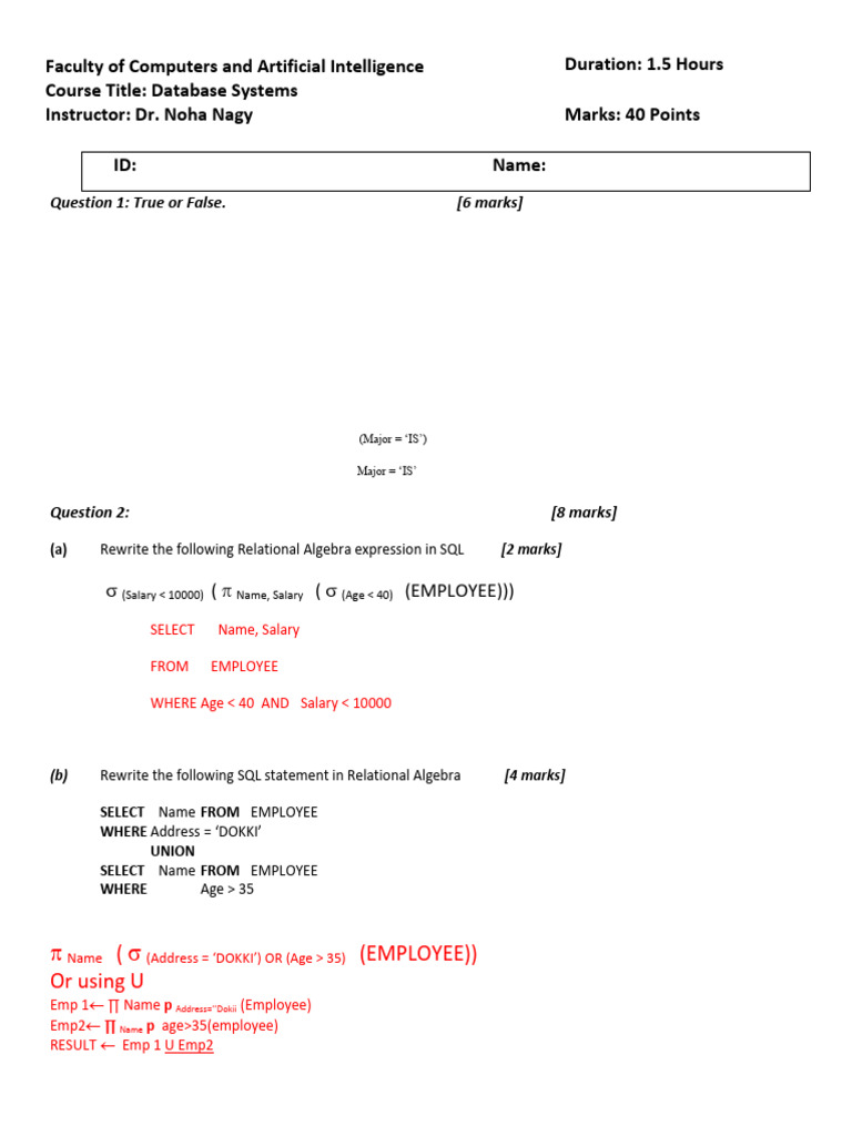 Database Systems Course Exam Questions | PDF | Relational Model ...