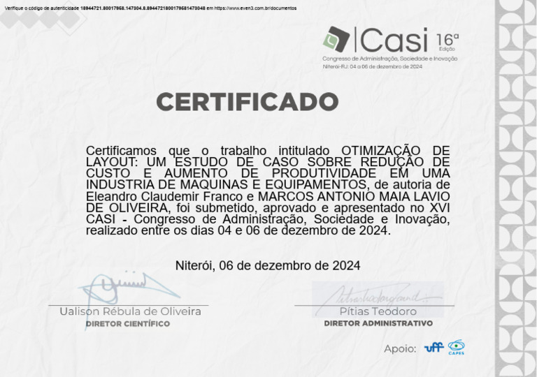 Certificação do Trabalho no XVI CASI | PDF