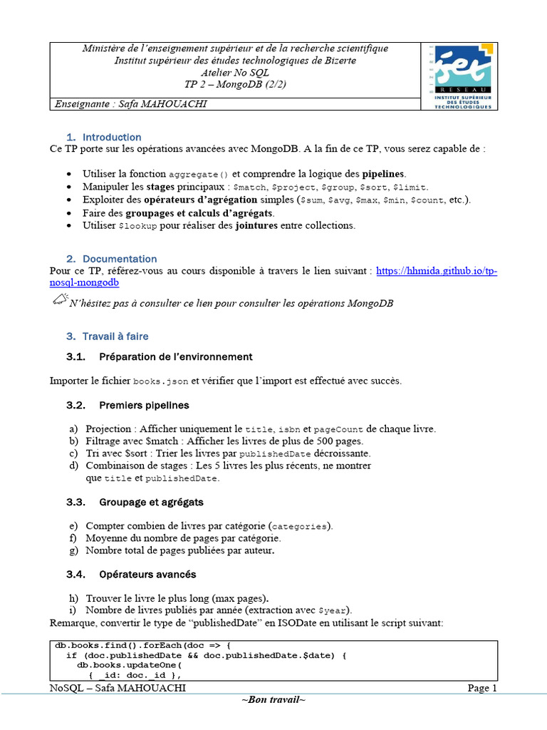 TP MongoDB : Agrégation et Jointures | PDF | MongoDB | Génie logiciel