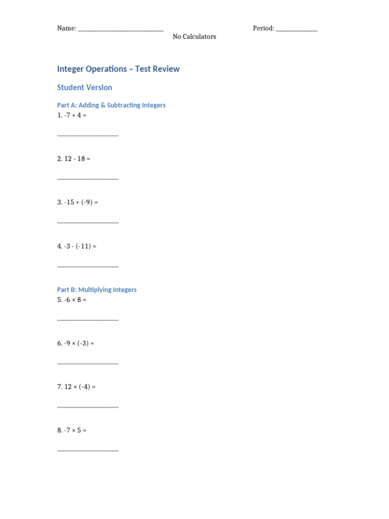 Integer Operations Test Review | PDF
